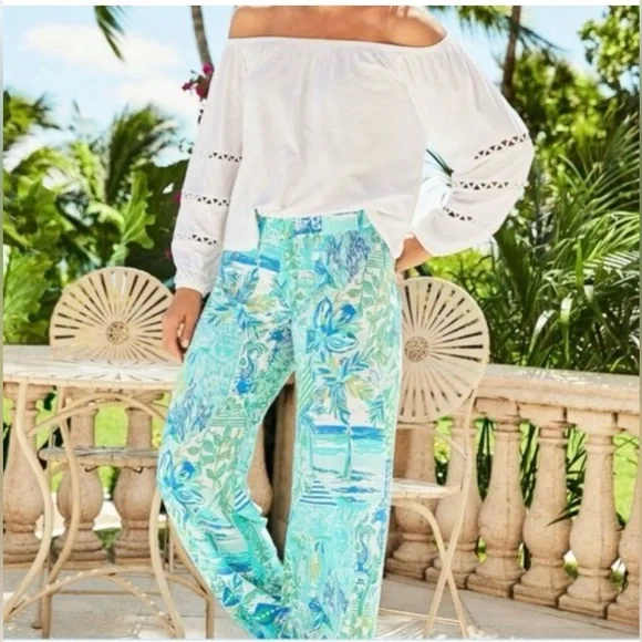EUC Lilly Pulitzer Bal-Harbour Whisper Blue Mid-Rise Wide Leg Palazzo Pants - Picture 1 of 15